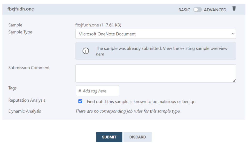 VMRay's Platform file upload dialog recognizing the OneNote filetype.