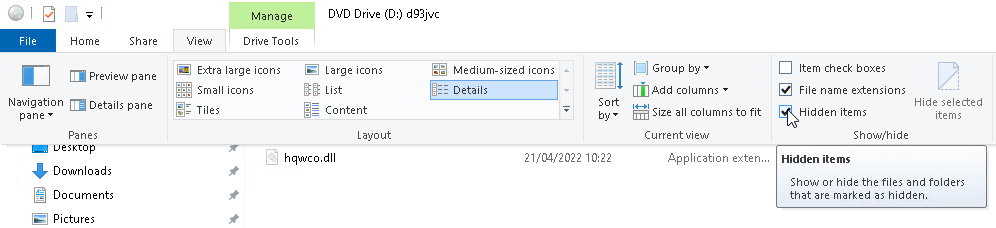 Figure 5: Activating the display of hidden items reveals an otherwise invisible DLL file in the same folder.
