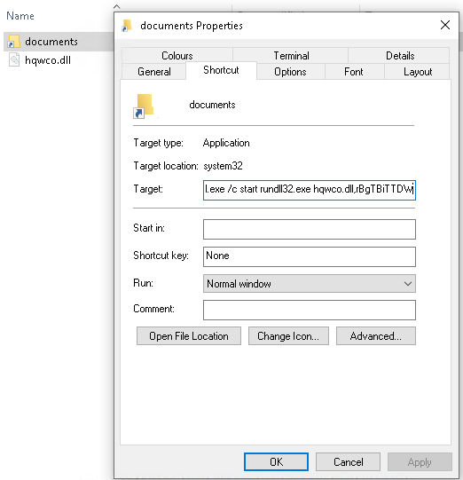 The "documents" file, masquerading with a folder icon, is actually a Windows shortcut pointing to rundll32.exe which again points to the hidden DLL file.