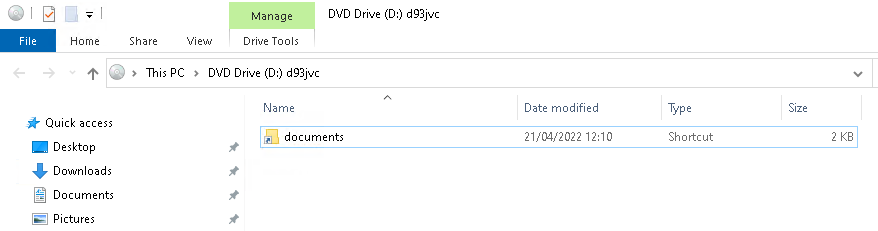 Once the ISO file is mounted, a popup automatically reveals the content. In this case, it's a shortcut abusing the folder icon and the name "documents" to fool the user into thinking a double-click will not execute an application but open a folder which is a far safer action, when in fact this file will infect the system with BumbleBee.