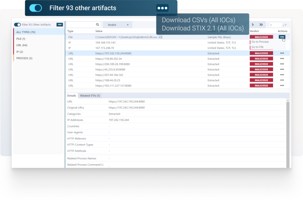 VMRay IOCs download filter dashboard