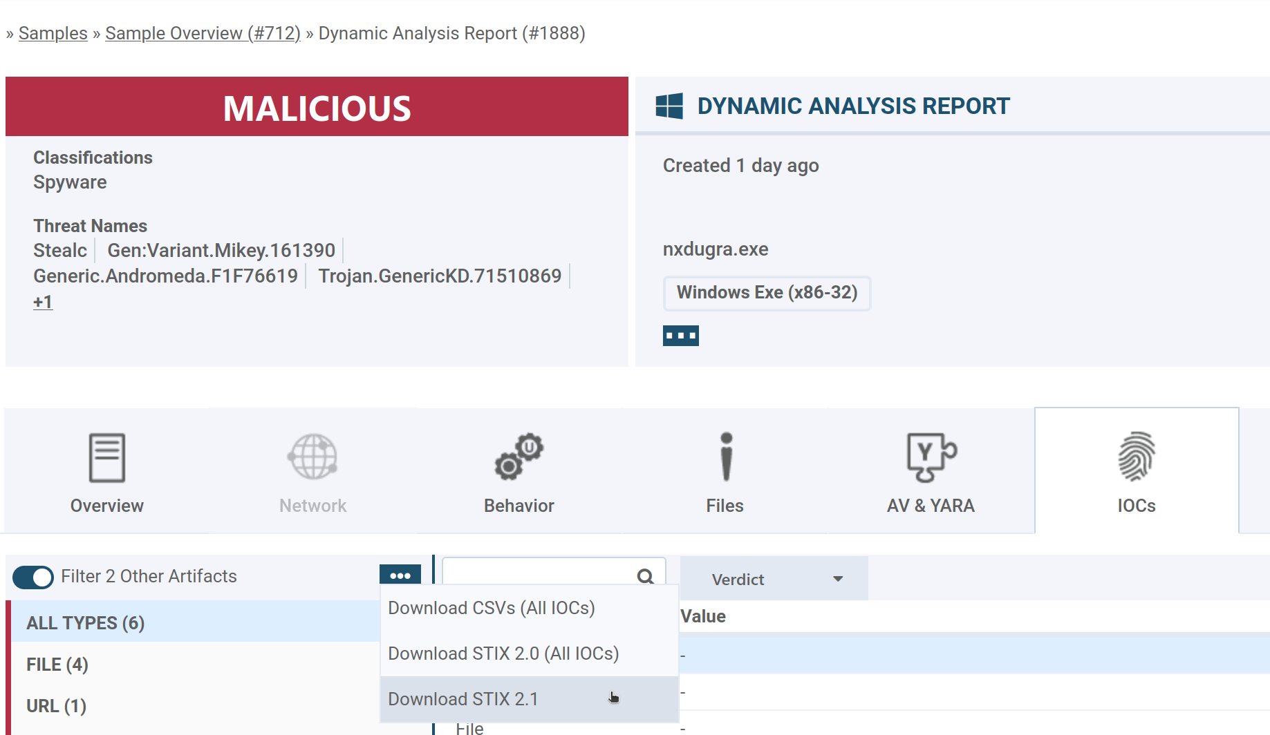 Alternatively, the STIX 2.1 report can also be downloaded from the "IOC" tab.