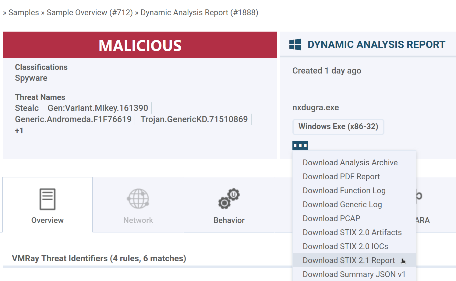 he new STIX 2.1 report is available for download when opening the action menu of the analysis report and clicking on "Download STIX 2.1 Report".