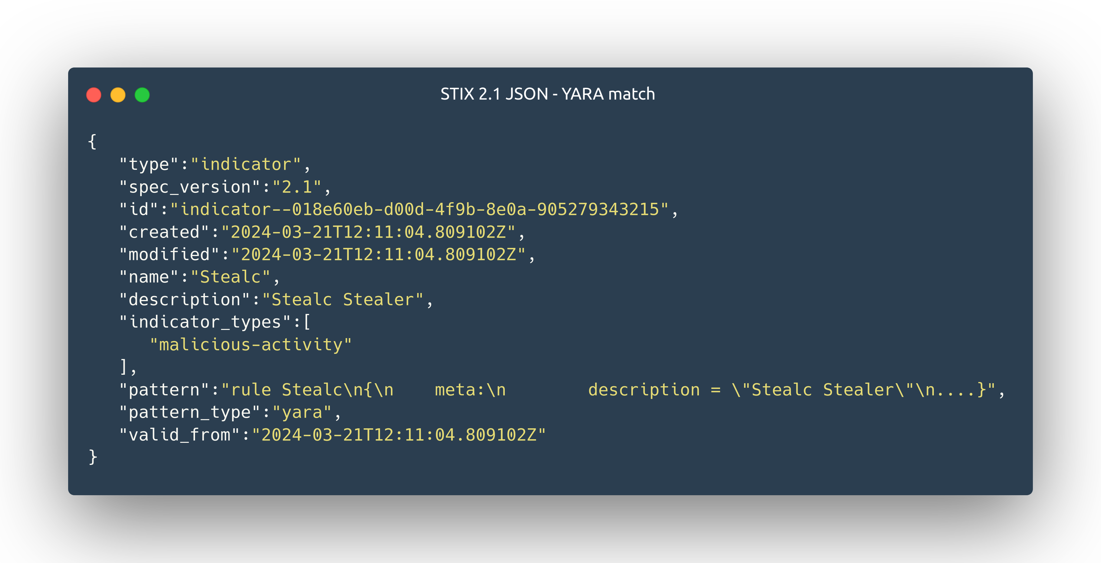 Figure 4: Example showing YARA match results in STIX 2.1. Note that even the matching YARA rule is included in the export.